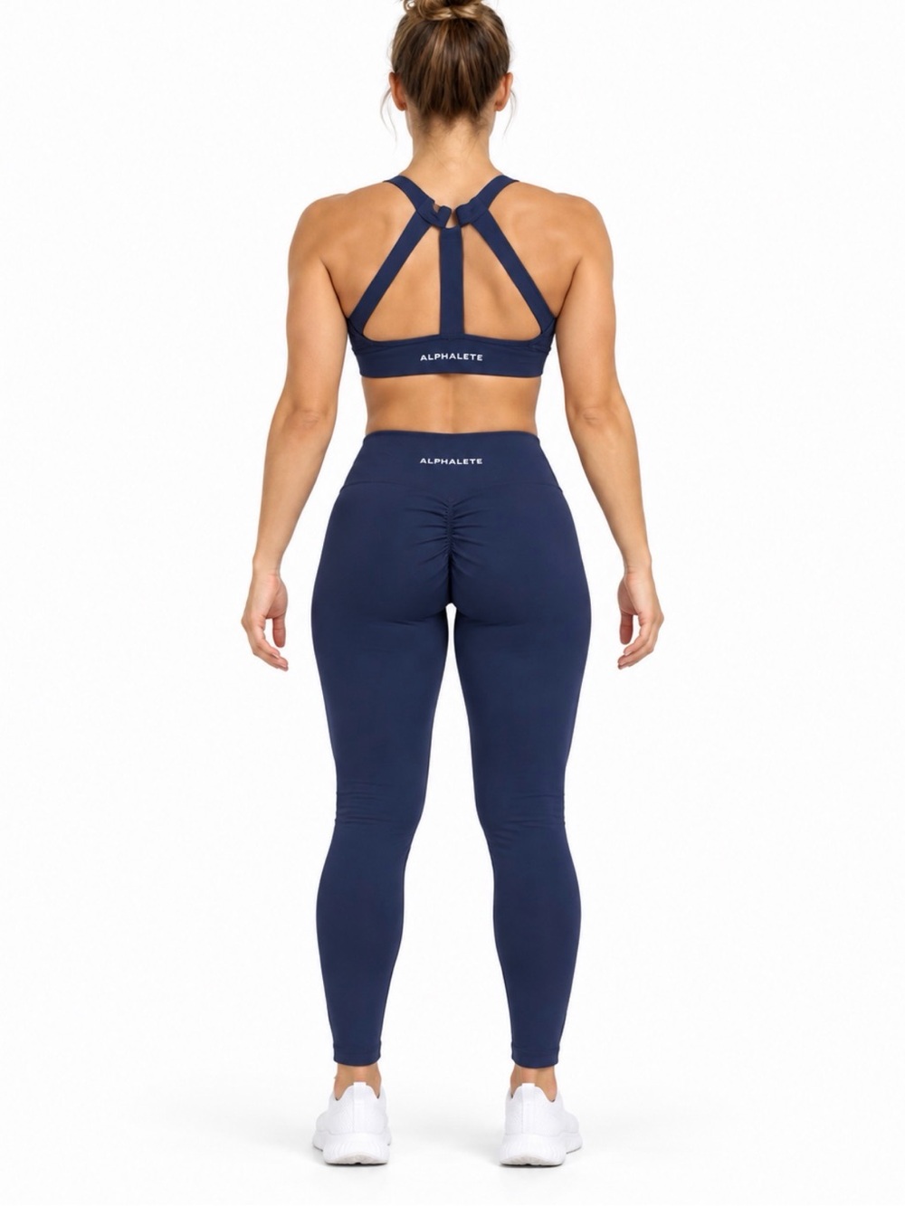 Alphalete Navy Strappy Back Sports Bra and high rise leggings 2piece set size xl
